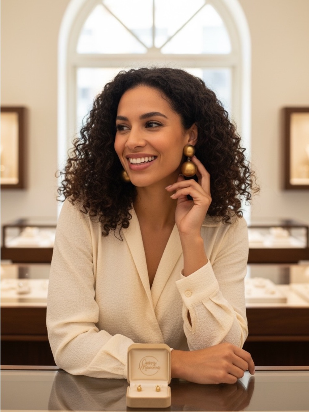 Vintage Gold-Tone Double Drop Ball Earrings. About 2 inches long. Wider on model - Picture 4 of 6
